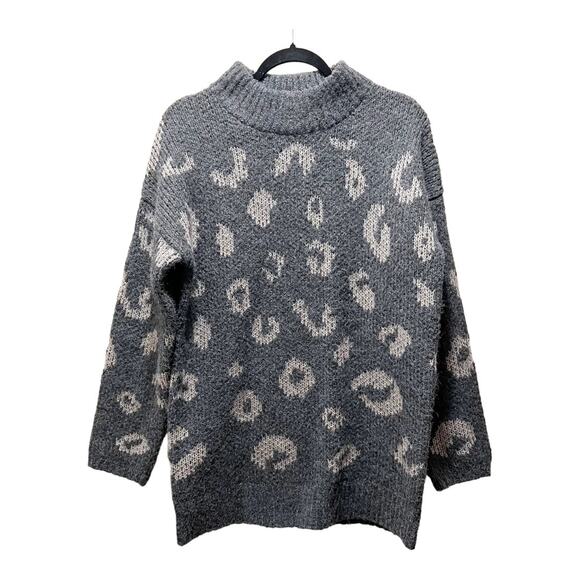 Universal Thread Charcoal Gray Chunky Knit Mock Neck Leopard Print Sweater Sz M - Picture 1 of 6